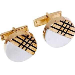 Vintage Modernist Geometric Cufflinks Mother Of Pearl Gold Tone 1960s 1970s